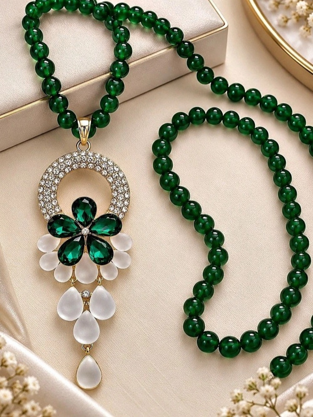Emerald Green Long Sweater Necklace Crystal Flower Pendant Holiday Statement Jew